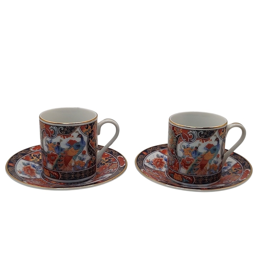 Vintage Japanese Imari Arita Demitasse‎ Cups Saucers Peacock Handmade Four Piece